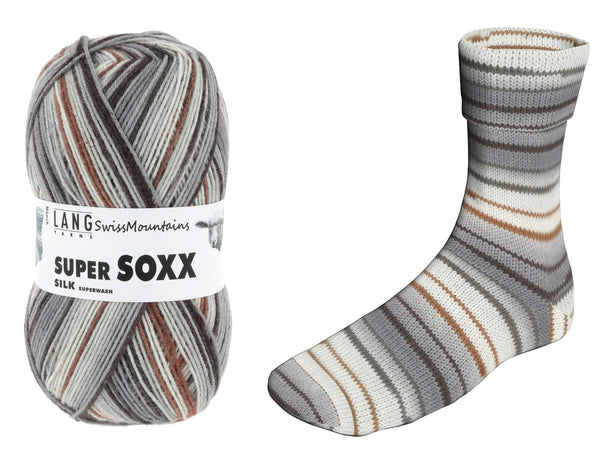 Lang Super Soxx Silk Sock Yarn 666 Swiss Mountains 100 gram ball with sample illustration of sock showing striping pattern in the color 407