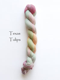 Madelinetosh Hand dyed tosh pebble yarn in the color Texas Tulips